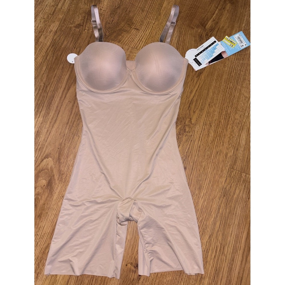 Assets By Spanx Women's Strapless Cupped Shaping Midthigh Bodysuit Medium Beige